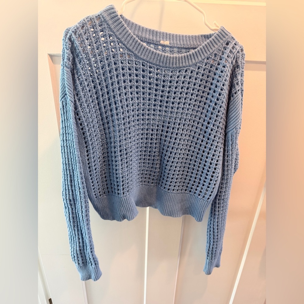 Blue Open Knit Cotton Sweater Cropped Lightweight Crochet Boho Pullover XS